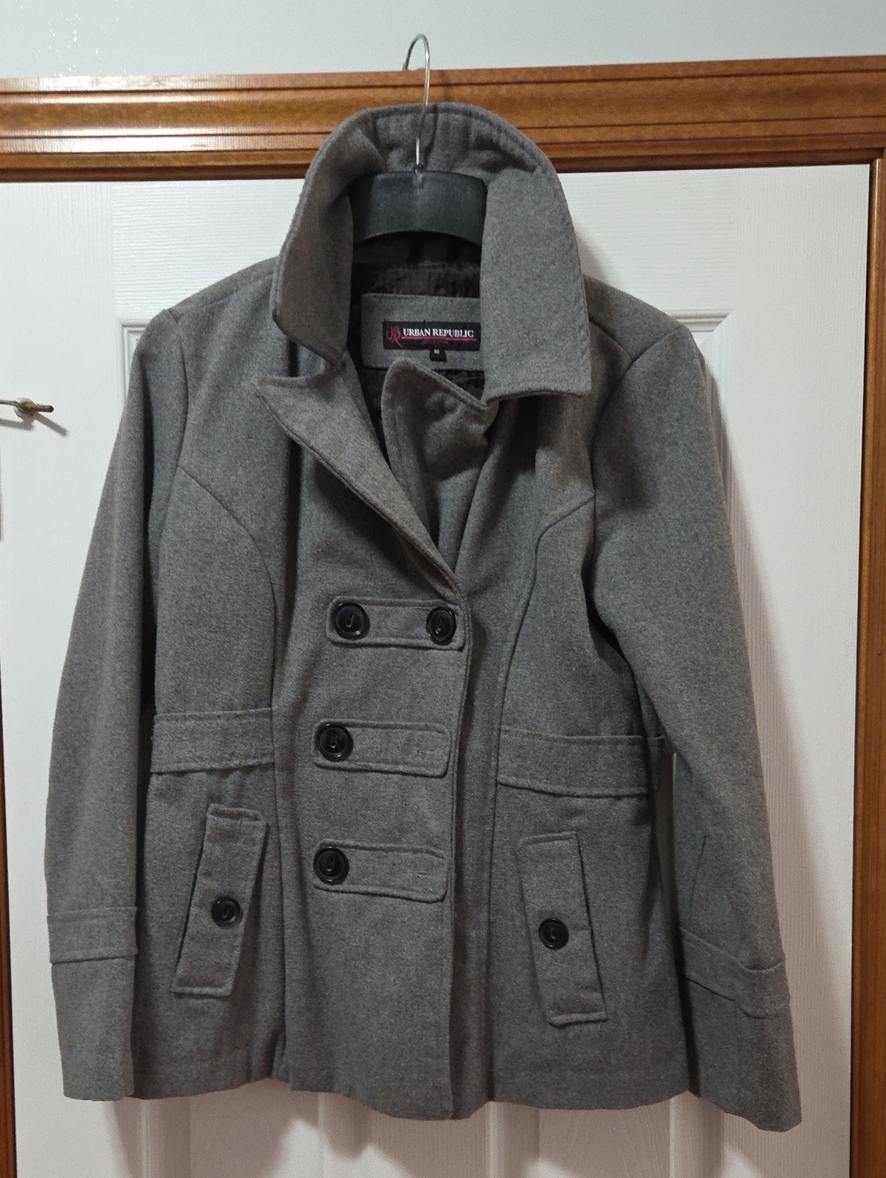 Urban Republic Gray Wool-Blend Pea Coat with Pink Accent Label